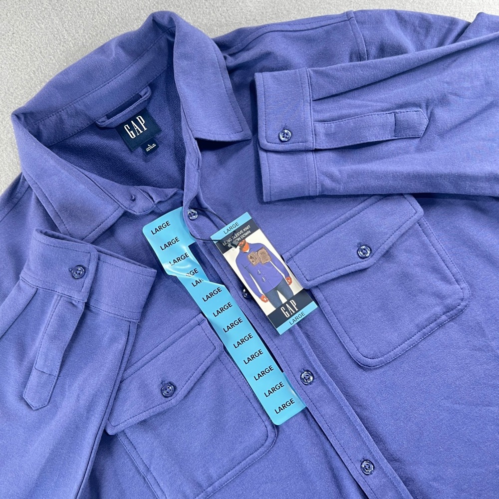 Gap Long Sleeve Knit Button Down Mens Large Blue Utility Jersey Shirt NWT